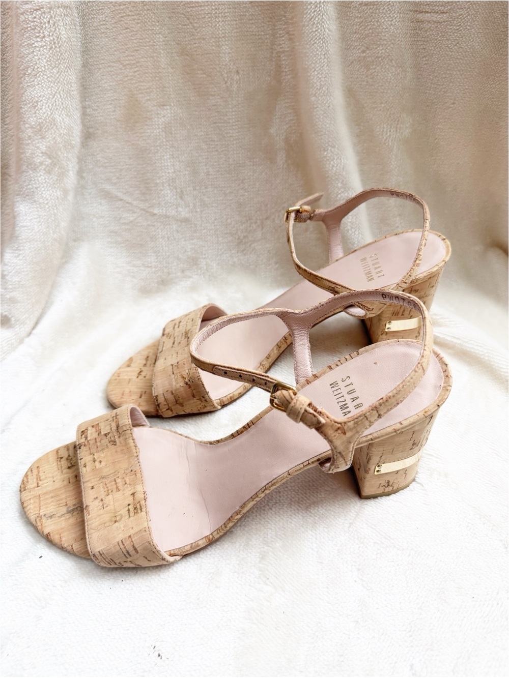 Stuart Weitzman Tan Cork Block Heel Sandals